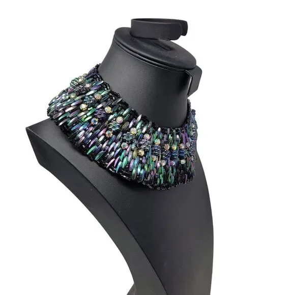 Vintage Handcrafted AB Oil Slick Beaded Statement Bib Collar Necklace Cleopatra - Picture 10 of 11